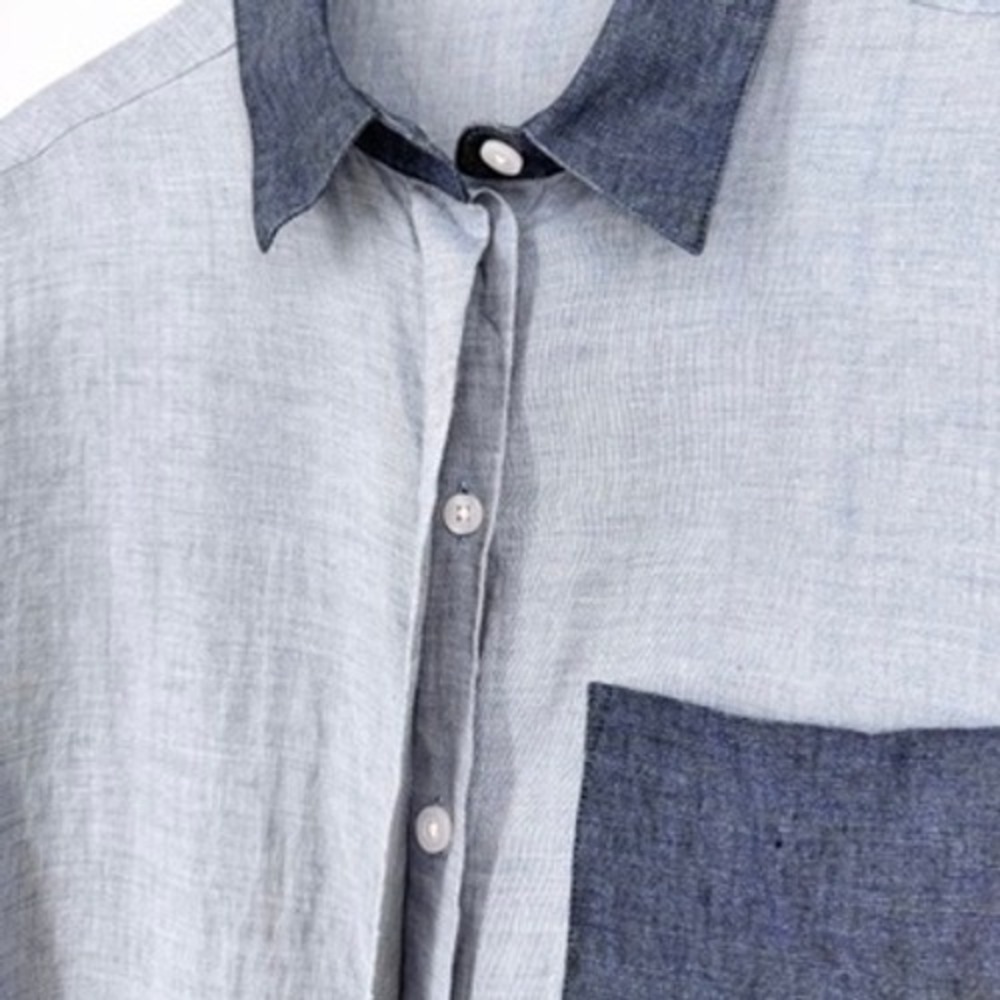 Reiss Lianna Linen Colorblock Button Down Shirt Blue Long Sleeve Lightweight 2 - Picture 7 of 16